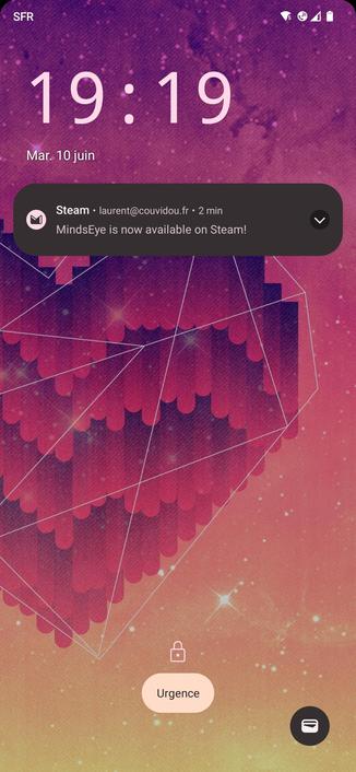 Screen grab of my phone lock screen showing an email notification. It reads "MindsEye is now available on Steam!"