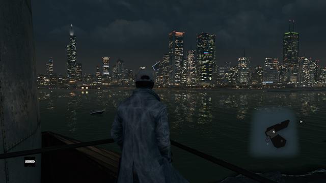 Ein Screenshot aus dem Spiel. Aiden steht mit dem Rücken zur Kamera auf einer Platform des Leuchtturms vor der Küste von Chicago. Es ist Nacht und die Skyline der Großstadt ist sehr gut zu erkennen.