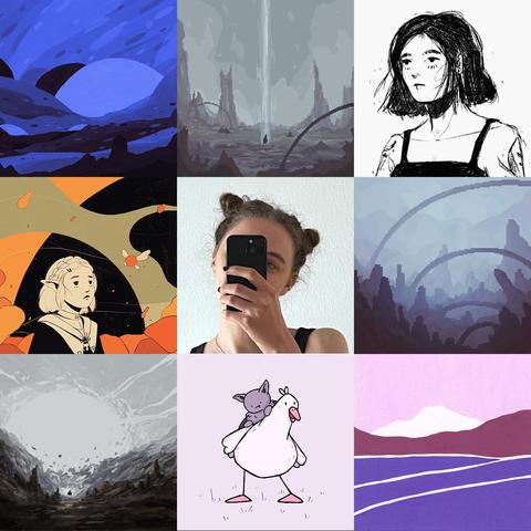 A face white woman hidden behind a smartphone in the middle, surrounded by a black and white illustration of a woman, dark pixel art landscapes and a cute animal illustration.