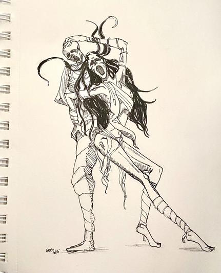 A drawing of a Pthumerian Sage, a catacomb creature that wields a mummy as a weapon, posing seductively with the mummy.