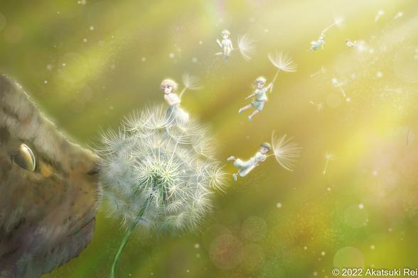 a close-up illustration of the seed head of a dandelion as a cat is sniffing it, which sends the seeds flying; tiny kids in white clothes are riding with the dandelion seeds as they float away