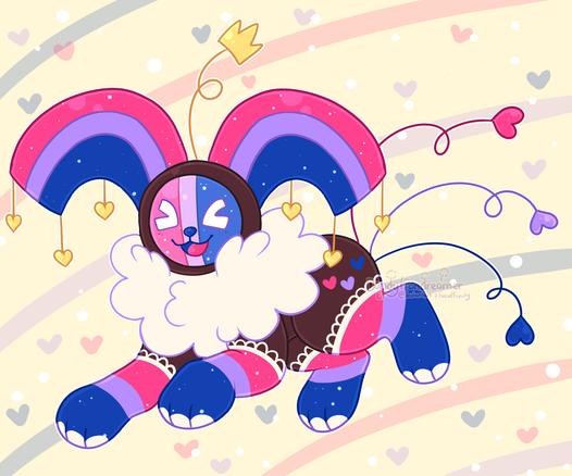 my oc tv star redesigned with the bisexual flag in mind

they are a dog like character with a TV face, and bisexual colored rainbow ears from the head, gold crown props up from the middle of the head and gold hearts hang from the rainbow

their 5 tails are like wires curled with hearts at the ends in the colors of the bisexual flag, their legs are also like the bisexual flag

their legs are colored the flag, they have a white fluffy neck