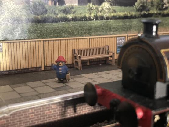 A close up of Paddington stood on the platform next to the steam loco
