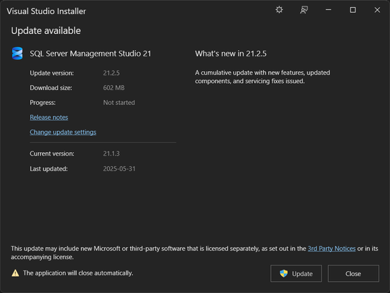 SSMS 21.2.5 update notice