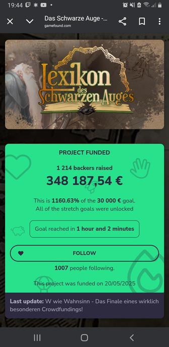 Capture d'écran de la page Gamefound du projet Das aventurische Lexikon par Ulisses Spiele.
