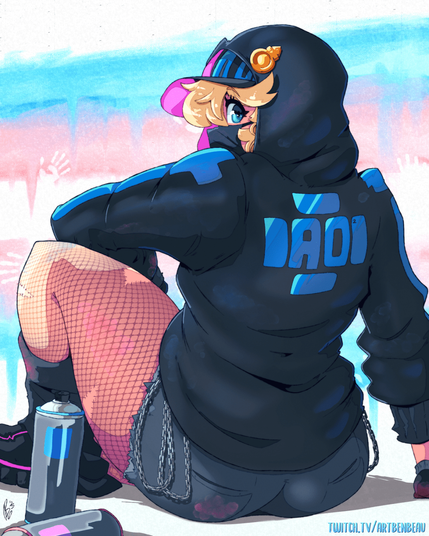 Digital Art. Bridget from Guilty Gear laying on the ground next to two spray praint cans. She is looking back towards the viewer while wearing a black hoodie, cap, and face mask. The transgender pride flag is painted on the background with hand marks on it. Happy pride month!