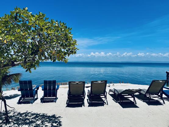 An idyllic beach seen of several chairs and loungers on the sand, with a green tree giving shade on the right. In the distance is the blue sea and the picturesque Maya Mountains, above with a line of puffy clouds appear.