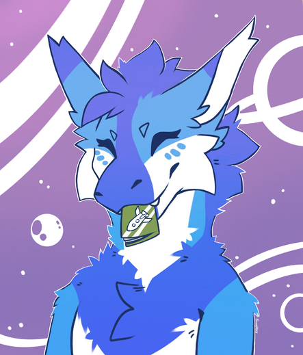 Depicted is a blue-white furred dragon, holding a passport in her mouth. 
Art by @Swatthy