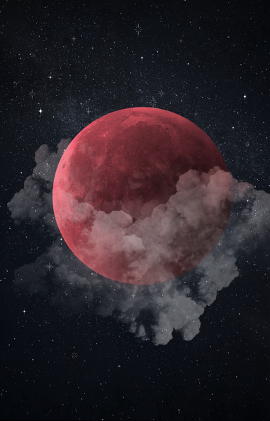 Digital drawing of a funky red moon in a dark starry night surrounded by clouds.