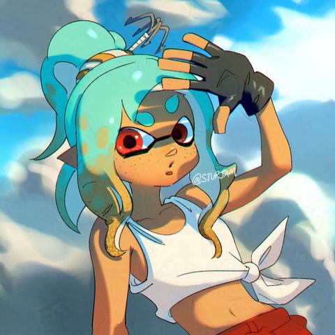 inkling splatoon kid with freckles uses hand to block the sun. it's a bright yet stormy day. she's wearing some survival gear like stranded on an island after a helicopter crash.