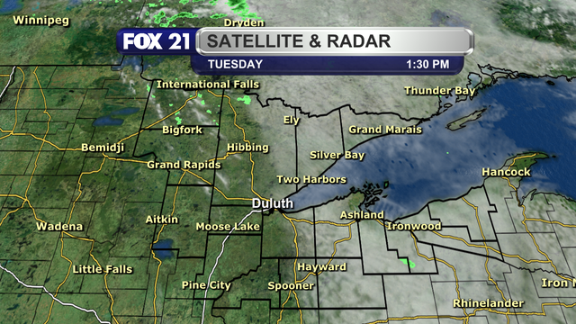 The satellite and radar over the Northland at 1:30 p.m. on Tuesday, June 10, 2025, shows clearing skies west of Highway 53, with clouds persisting east of Highway 53.  Clouds are moving out of the region to the east.