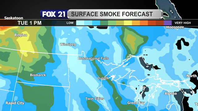 Surface wildfire smoke levels in the Northland at 1 p.m. on June 10, 2025, shows a streak of moderate levels across the region, with low levels elsewhere.