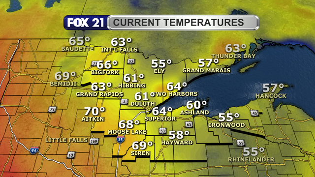 Temperatures in the Northland just after 1 p.m. on June 10, 2025, range from 55 to 70 degrees Fahrenheit.