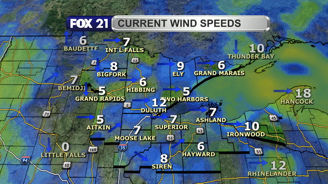 Wind speeds in the Northland just after 1 p.m. on June 10, 2025, range from 5 to 12 mph.  Wind direction is primarily from the west and southwest.