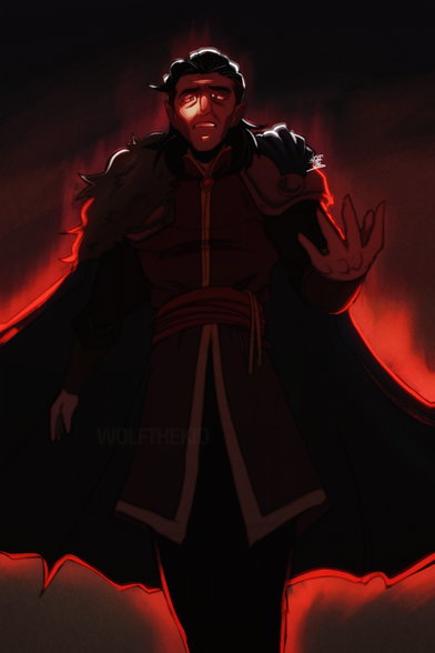 A digital drawing of Strahd Von Zarovich, Lord of Barovia, looking down at the viewer while basked in a deep red light. Most of his figure is in shadow, besides a portion of his face and a faint glow that outlines his body.
