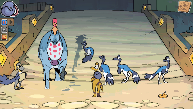 Zid in front of large stairs and gathered crowd (Dromaeosaurus, Lambeosaurus and a pack of Ornithomimus). Screenshot from Zid Journey