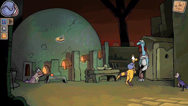 Zid in a forge-like location, talking to a Struthiomimus, with Prenoceratops and Citipes present at the scene. Screenshot from Zid Journey
