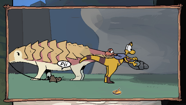 Zid helping Zuul, while Kidd peeks from the backpack and looks angrily at a pet mammal. Screenshot from Zid Journey