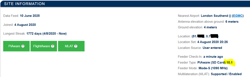 site info of my ADSB Pi-Aware, now on version 10.1