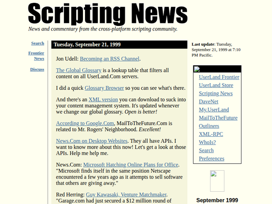 Screenshot of scripting.com on September 22, 1999