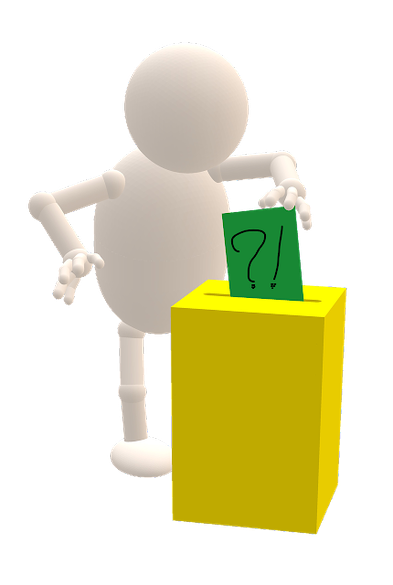 Un manichino infila una scheda elettorale, con disegnato sopra un punto interrogativo e uno esclamativo, nell'urna.