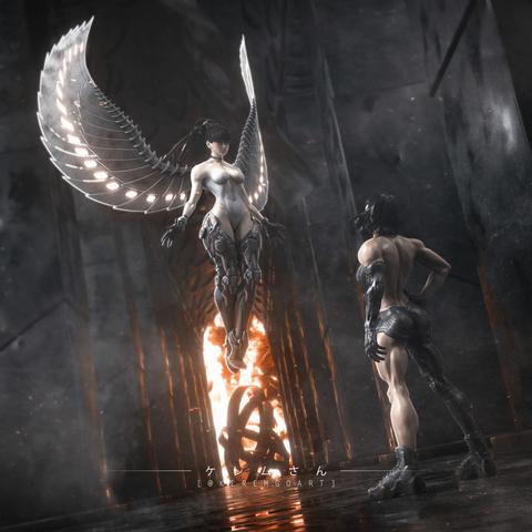 digital art of a female character with wings inspired by Eve from the game Stellar Blade wearing an armor resembles with the game The First Descendant