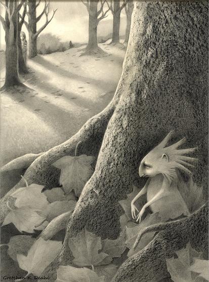 Almost hidden within a pile of maple leaves and tucked into the roots of a tree, stands a solitary, spiky haired creature of unknown origin. Arms outstretched, with a slight scowl on its face, it appears to be thinking of something important -  perhaps what it would like to eat for lunch. Far back, lurking behind a tree, a young girl is watching. Drawn in black, white and gray graphite/pencil.