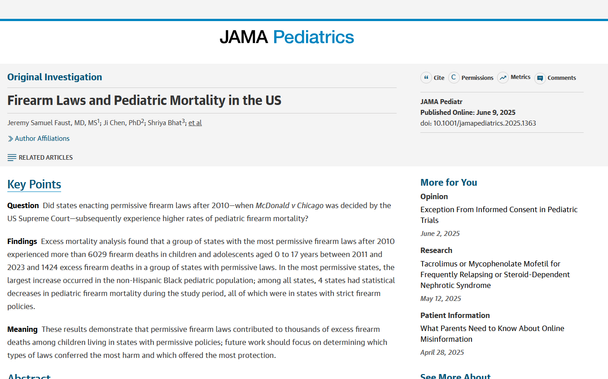 Screenshot of the website of the JAMA Pediatrics with the study "Firearm Laws and Pediatric Mortality in the US"