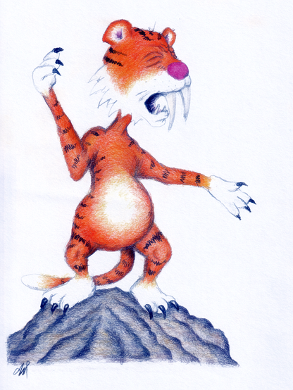 The image features a cartoon-style drawing of a tiger-like creature standing on a rocky mound. The creature has an orange body with black stripes, a white belly, and a pink nose. Its eyes are closed, and it has a wide-open mouth with large, prominent fangs. The creature's arms are raised, with one hand raised higher than the other, and its claws are black and sharp. The creature's tail is short and bushy, with a white tip. The background is plain white, emphasizing the creature. The artist's signature is visible in the bottom left corner.

Provided by @altbot, generated privately and locally using Ovis2-8B