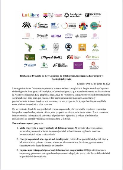 Denunciamos que el proyecto:

1. Viola el derecho a la privacidad y al debido proceso: Al permitir el acceso a datos personales y comunicaciones sin orden judicial, se habilita una vigilancia masiva e inconstitucional sobre la ciudadanía.

2. Otorga impunidad a los agentes de inteligencia: Exime de responsabilidad penal, civil y administrativa a quienes cometan abusos en el marco de sus funciones, generando un sistema paralelo fuera del estado de derecho.

3. Impone una entrega obligatoria de información sin garantías: Obliga a instituciones, empresas y personas a entregar datos bajo amenaza legal, sin protección de confidencialidad ni posibilidad de oposición.