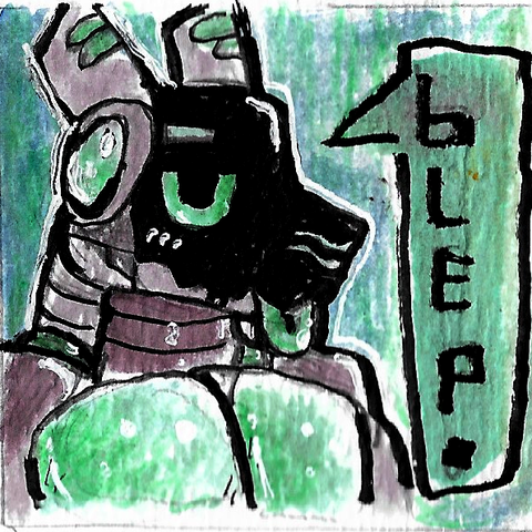 a watercolor drawing of a gooey synth furry made of grays and teals. a speech bubble says 'blep'. the furry is also blepping.