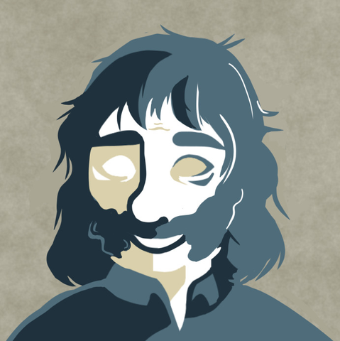 Harry Du Bois from Disco Elysium but drawn in the style of a follower from Cultist Simulator, in the Moth colours. He's smiling, with The Expression, and his hair is messy.