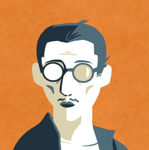 Kim Kitsuragi from Disco Elysium, drawn in the style of a Cultist Sim follower, in the Forge orange colour. He has a neutral expression.