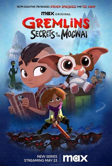 Poster for the show Gremlins, Secrets of the Mogwai. A young boy with a book looks at a Gizmo. A young girl stand defiant in the foreground. Brandishing an umbrella.