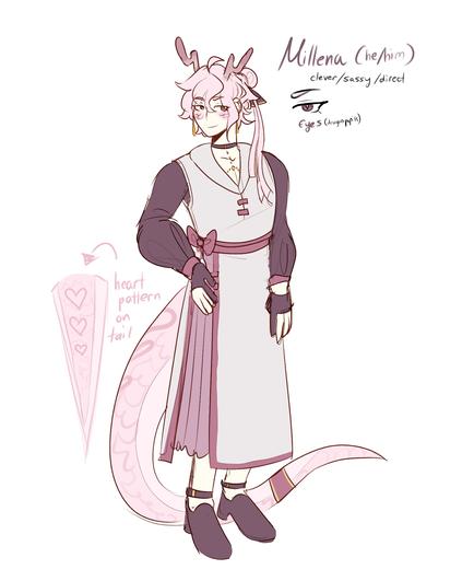 Reference sheet of Mille, a slender and pretty humanoid with pink dragon features. His hair and tail are pastel pink, and he wears his hair in a bun. He has puffy maroon sleeves, fingerless gloves, and loafers with ankle straps. The main body of his outfit resembles a modified white hanfu, with a short top section and a long flowing skirt below.