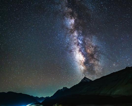 Night sky with milky way galaxy core visible with himalayan landscape near chandratal lake, spiti, himachal pradesh, india