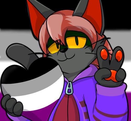 Anthropomorphic Cat holding up a peace sign while holding an asexual heart. With a asexual flag in the back.
