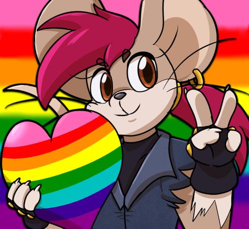 Anthropomorphic mouse holding up a peace sign while holding the original LGBTQ+ heart. With the original LGBTQ+ flag in the back.