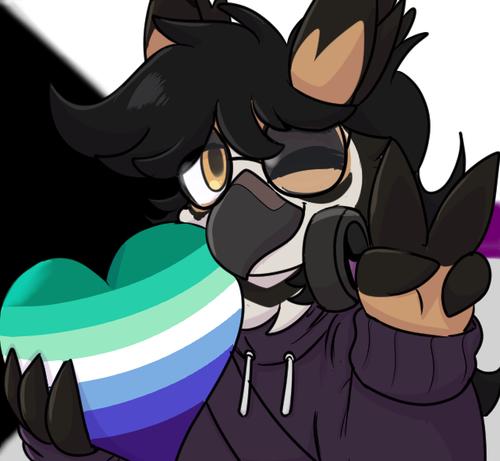 Anthropomorphic owl holding up a peace sign while holding a MLM heart. With a demisexual flag in the back.