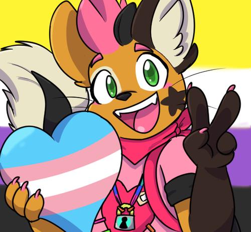 Anthropomorphic cat holding up a peace sign while holding a transgender heart. With a nonbinary flag in the back.