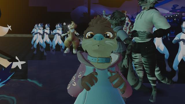 Percy the otter in VR, looking concerned as many Valants dance and DJ behind him.