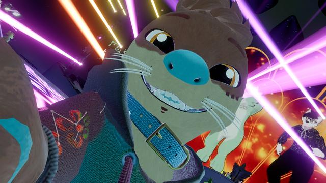Percy the otter in VR, grinning at the camera with lights from the club behind him.