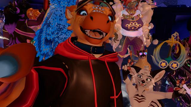 Kalenai as a Moonfang Dragon in VR, grinning at the camera while standing in front of friends at the club.