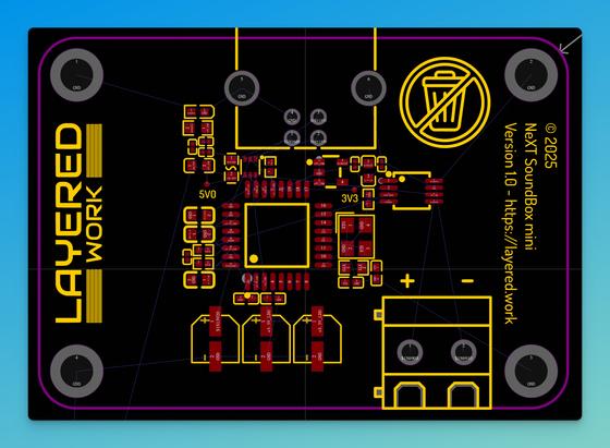 The picture shows the layout of a printed circuit board (PCB) with the inscription "LAYERED WORK" and the designation "NeXT SoundBox mini Version 1.0". Numerous electronic components, connection terminals, marked voltage ranges (5V0, 3V3) and a symbol for "no waste" can be seen. The circuit board is black with yellow and red markings.