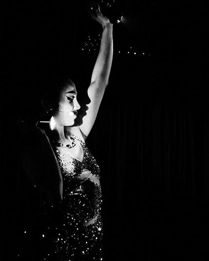 A high-contrast black-and-white photograph captures a dramatic moment during a cabaret performance. A glamorous performer stands with one arm raised toward a spotlight, her sequined dress glittering faintly in the darkness. Sharp lighting casts a striking shadow of her face onto her extended arm, evoking a theatrical, noir atmosphere. Her expression is poised, and the background fades into deep black, suggesting an intimate club or theater setting.