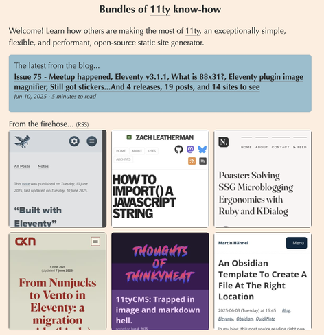 Possible redesign of the 11ty Bundle home page; showing images of web pages for the latest links from the Firehose