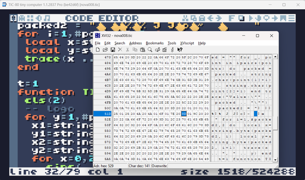 TIC-80 running with a weird "packed" string of unreadable characters. On top of that is a hex editor, where the characters are input as hex values.