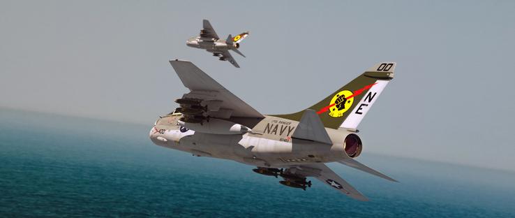 2 Vought A-7 Corsair II's attack aircraft over the sea. Digital 3d image.