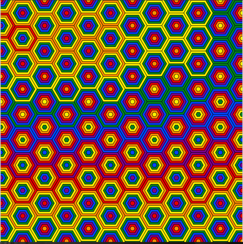 A regular pattern of hexagons, each built of concentric hexagonal lines in the colours red, orange, yellow, green, blue and violet.