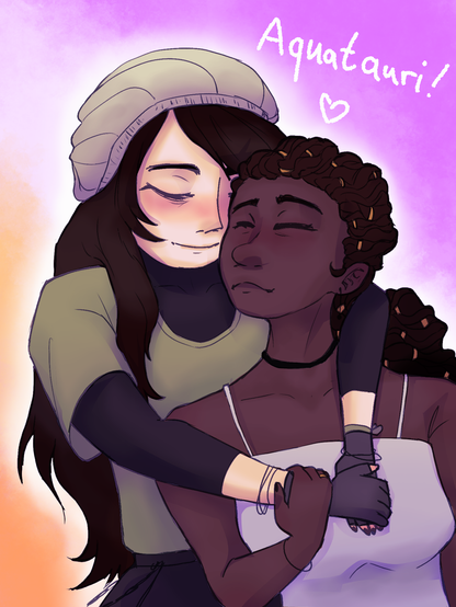 In this digital illustration Alea and Tess from Alea Aquarius are hugging. Alea has her arms around tess. Both girls are blushing. The background is the colors of the lesbian pride flag. Ind the top left corner "Aquatauri" is written.